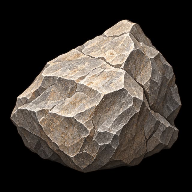 One large, angular, tan and grey boulder with rough chiselled faces, ordinary in every way